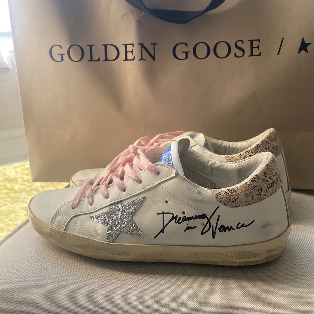 Golden Goose All Stars. White, pink laces, silver sequin star.